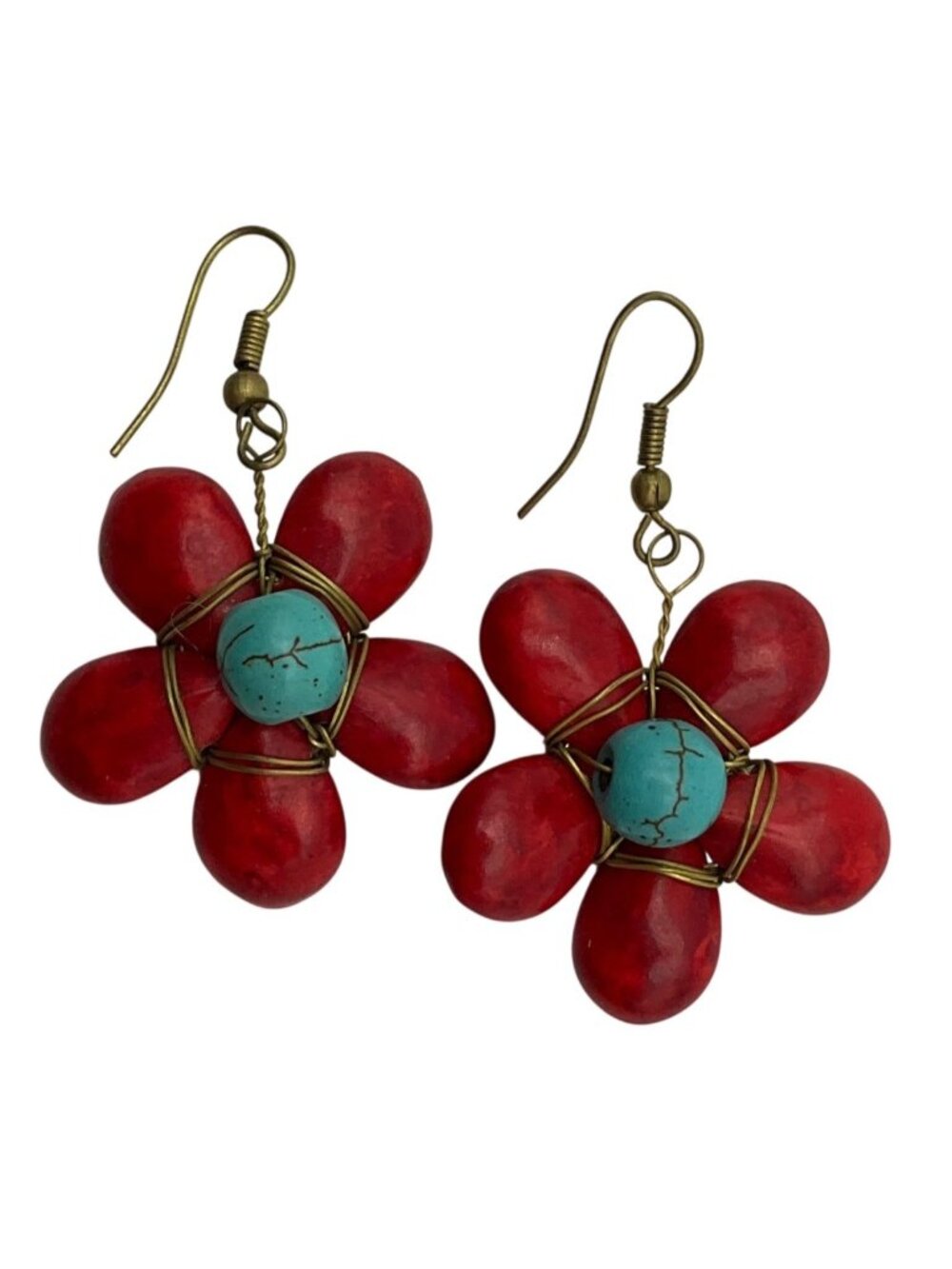 Artisan Handmade Ceramic Beads Red Flower Earrings Turquoise Wired Boho
